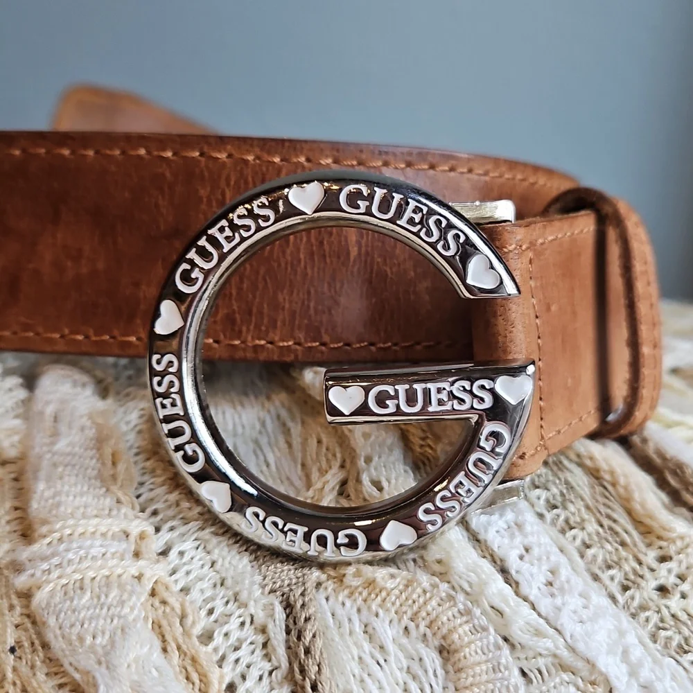 Guess Belt Leather Y2K Silver G Buckle with Hearts Brown Strap Size Sm